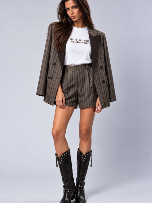 Taupe Striped Blazer and Cowboy Boots