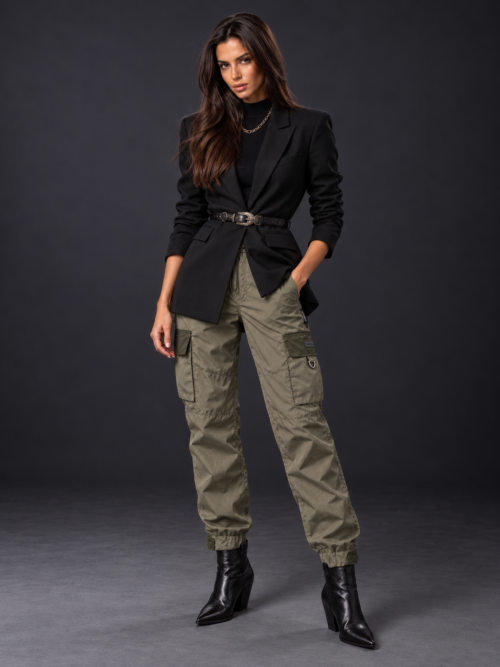 Black blazer, olive cargo, cowboy boots
