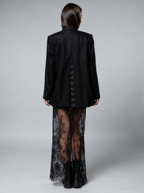 Black Blazer with Silver Rings and Lace Skirt