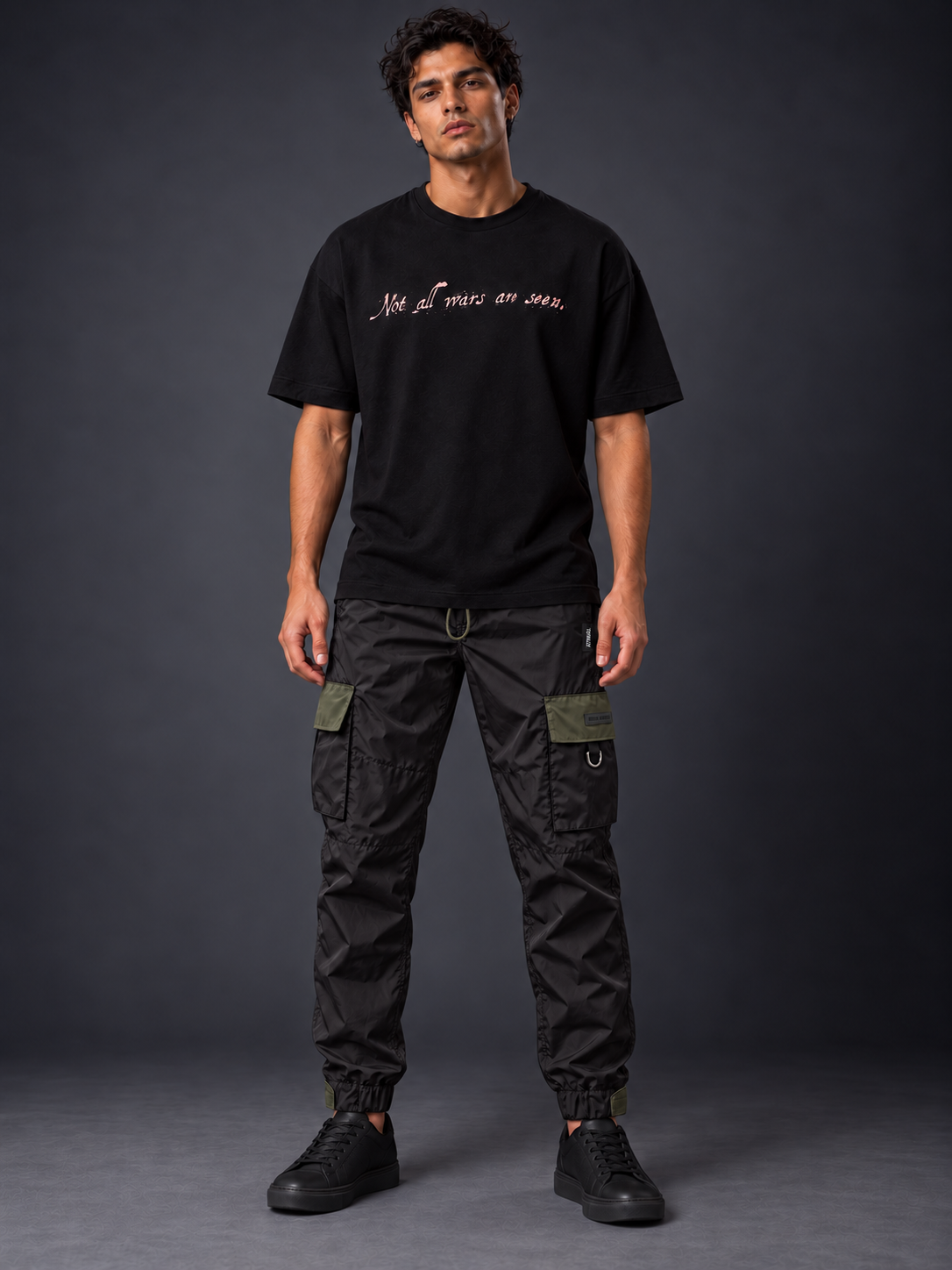 Black Cargo Trousers, Olive Details