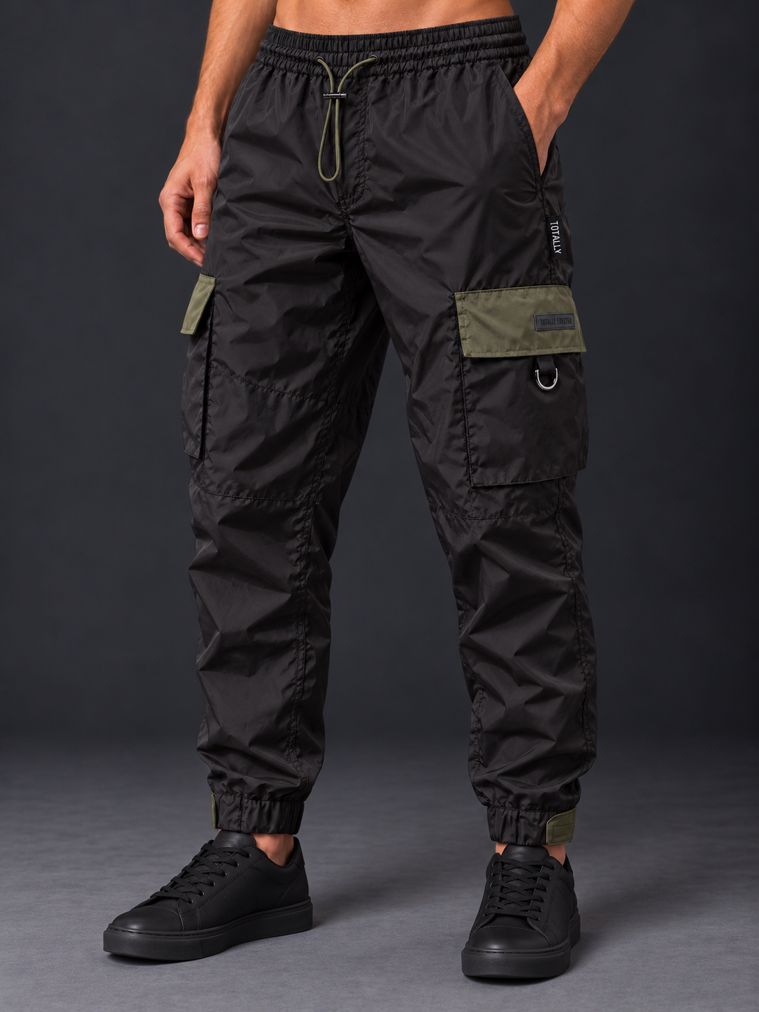 Black cargo trousers with olive accents