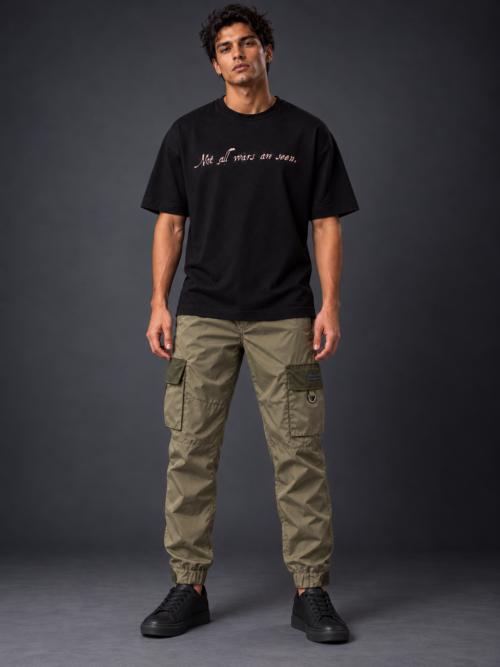 Black tee, olive cargo trousers