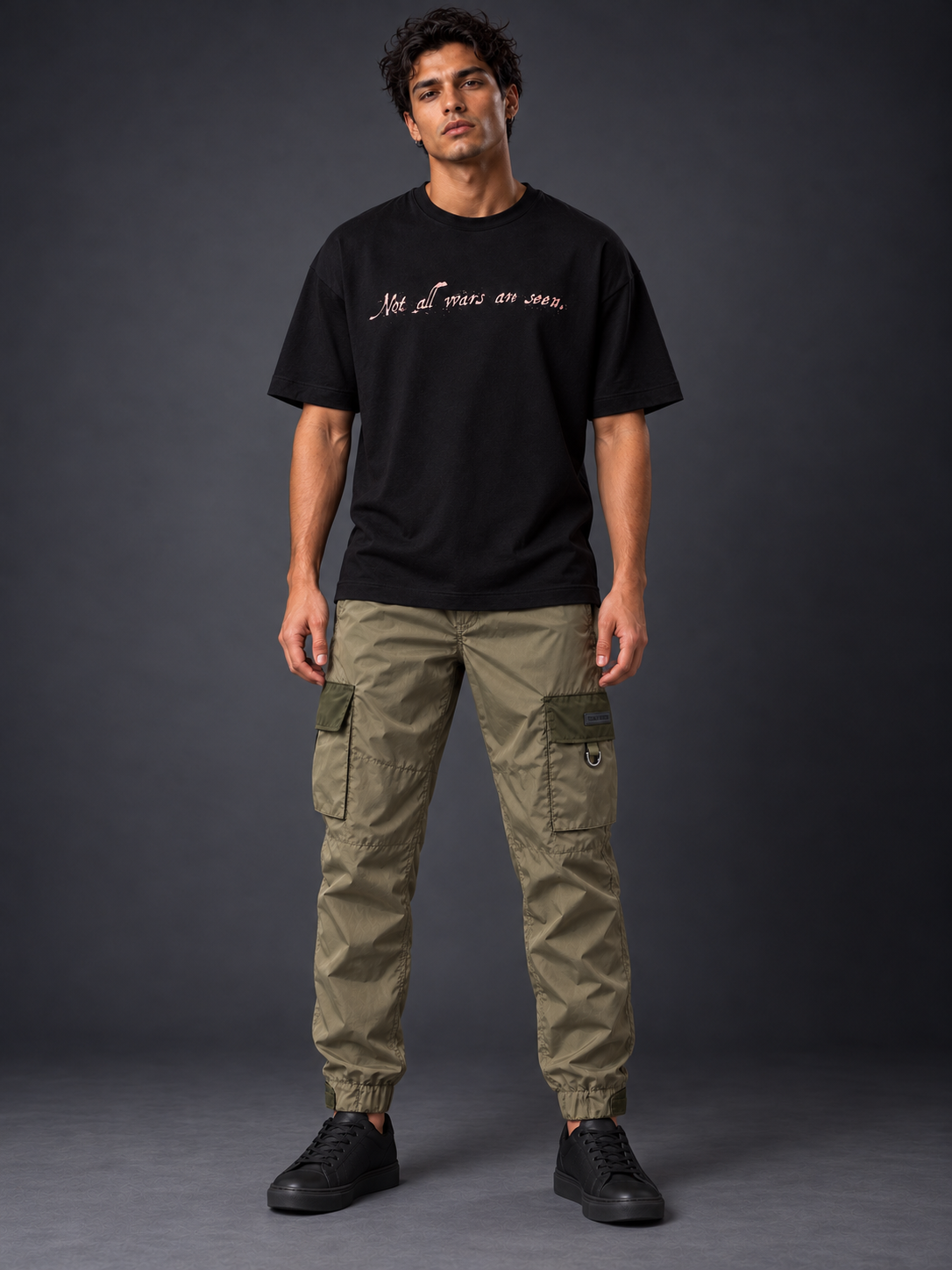 Black tee, olive cargo trousers