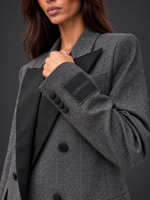 Charcoal Glen plaid blazer cuff detail