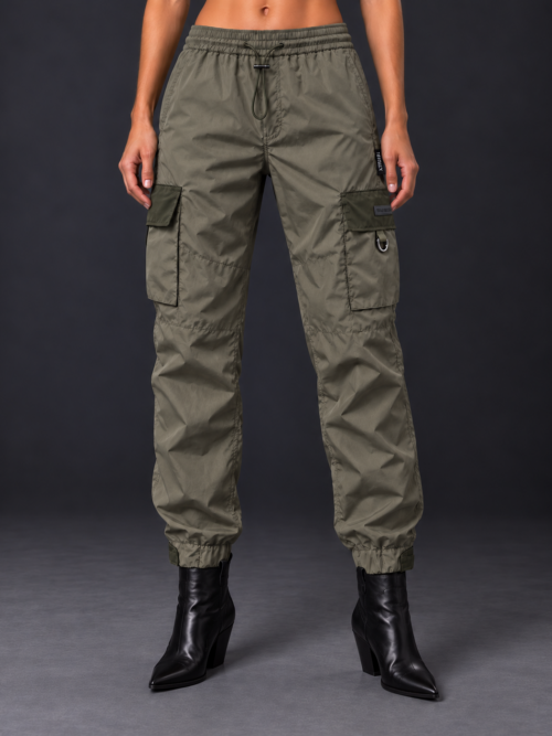 Gray olive cargo trousers in studio