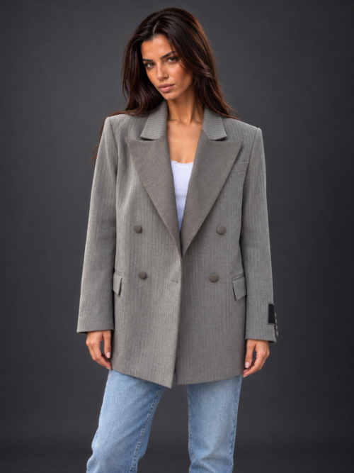 Grey pinstripe blazer studio portrait