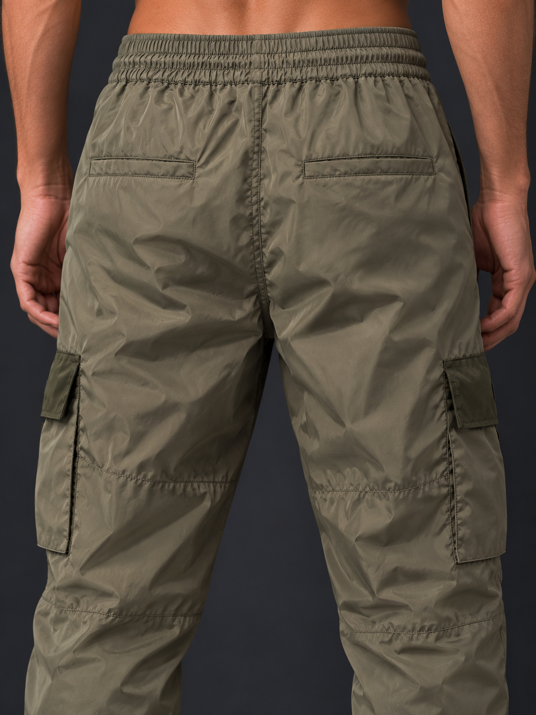 Olive cargo trousers, rear detail
