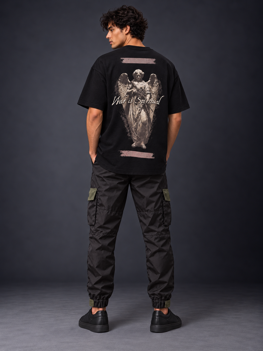 Rear-view angel-print streetwear look